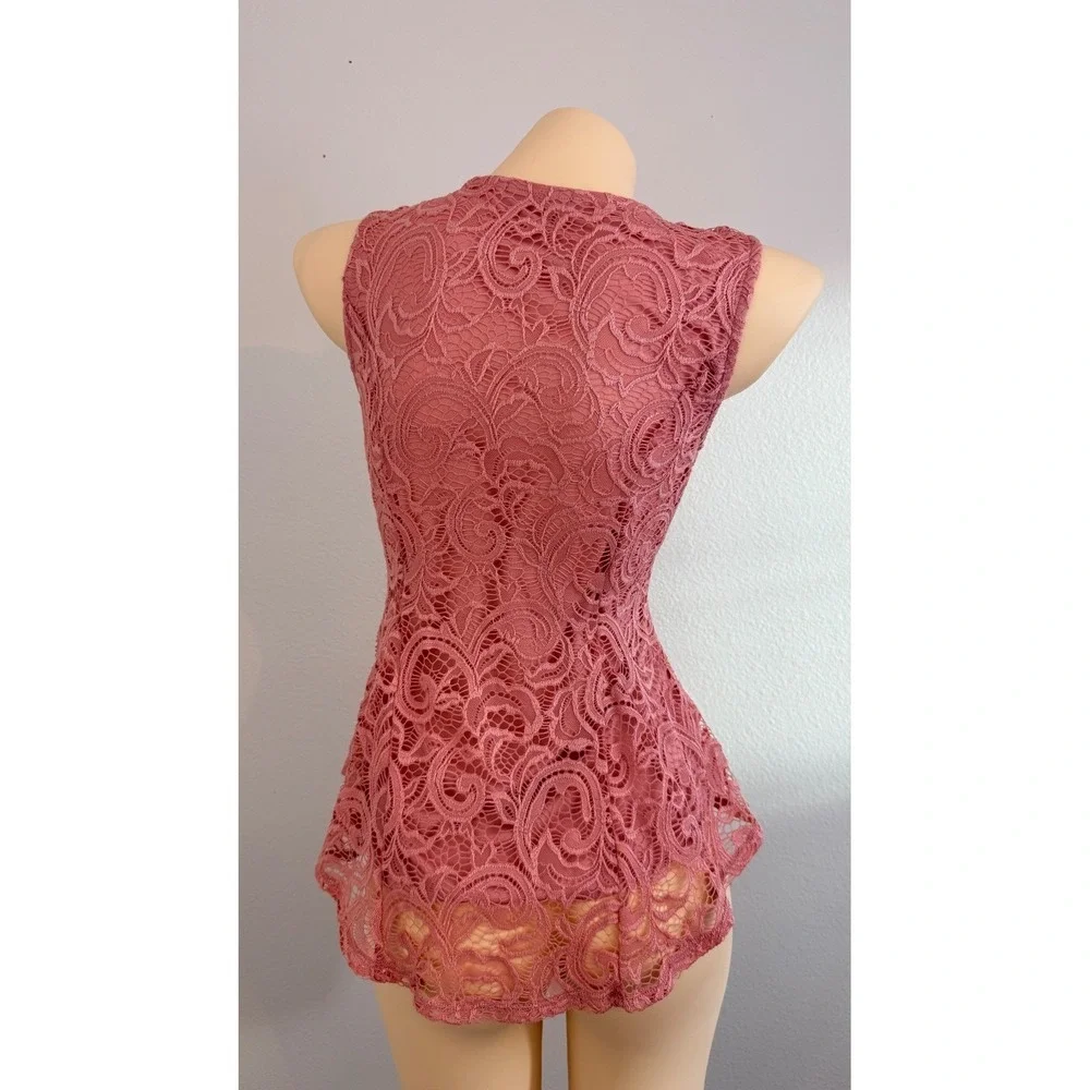 Vtg Dusty Rose Floral Lace Peplum Necklace Sleeveless Top M Coquette Victorian - Picture 9 of 16